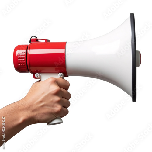  a handheld megaphone, primarily in red and white.  photo