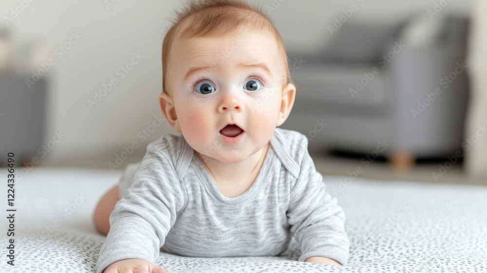 Baby boy lying on tummy, surprised expression, home interior Baby boy lying on tummy, surprised expression, home interior