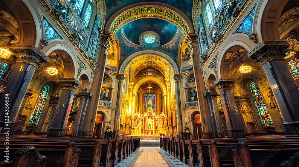 Fototapeta premium Magnificent Interior of Cathedral with Ornate Architecture and Glowing Golden Altar : Generative AI