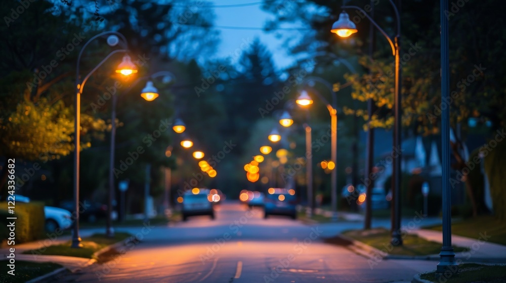 A quiet street lined with lampposts, creating a warm glow. AI generative. . A quiet street lined with lampposts, creating a warm glow. AI generative. .