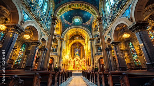 Magnificent Interior of Cathedral with Ornate Architecture and Glowing Golden Altar : Generative AI
