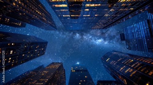 City skyscrapers reaching up to a night sky full of stars. AI generative. .