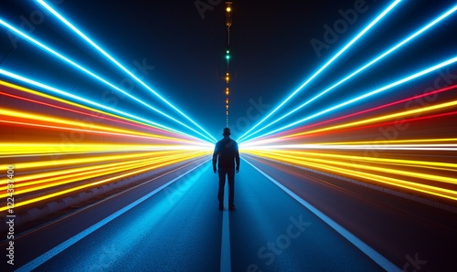 Man standing on road with light trails at night