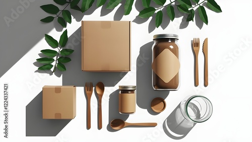 Modern flat lay of sustainable packaging with kraft paper, glass jars, and wooden cutlery, promoting eco-friendly lifestyle and zero waste.
