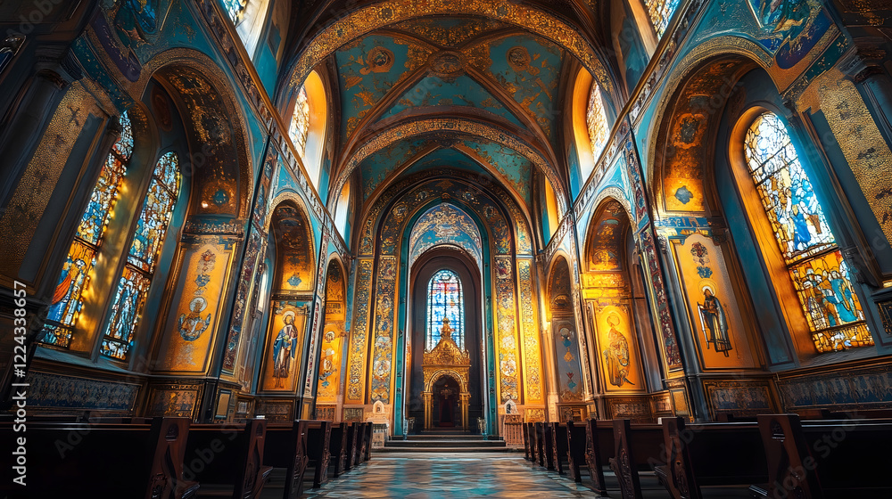Obraz premium Majestic Gothic Cathedral Interior with Ornate Stained Glass Windows and Arched Vaulted Ceilings : Generative AI