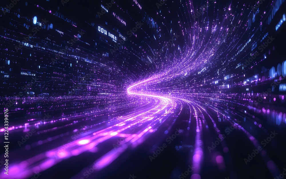 Fototapeta premium Abstract visualization of a vibrant, swirling purple light trail representing digital data flow in space