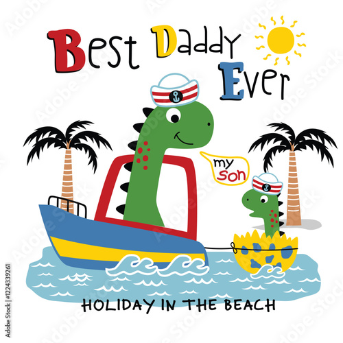 Cartoon dinosaur father and son sailing on beach with palm trees. Family vacation concept
