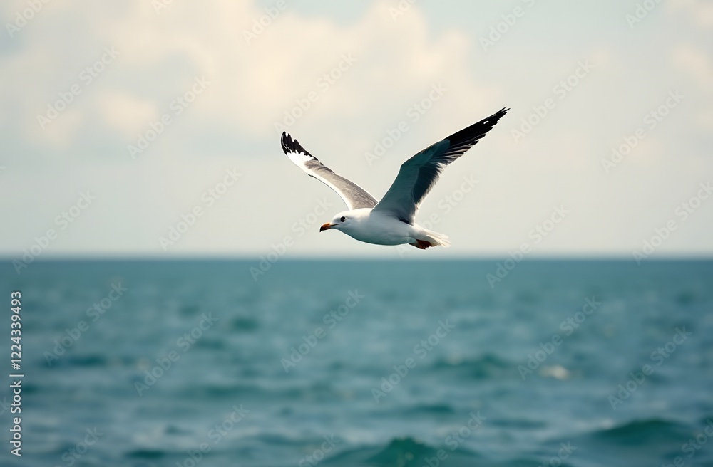 The common silver gull is a coastal bird in flight over the sea
