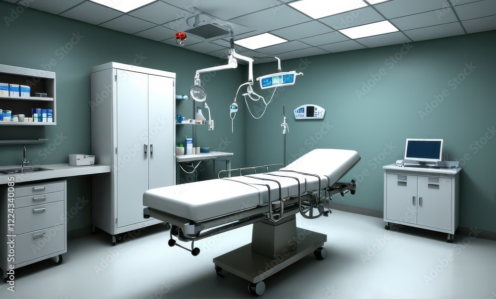 Sterile Medical Examination Room with White Table and Pale Green Walls Sterile Medical Examination Room with White Table and Pale Green Walls