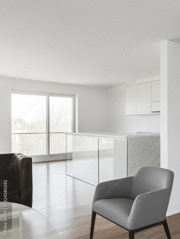 Fototapeta premium Modern kitchen and living space featuring minimalist design in well-lit apartment