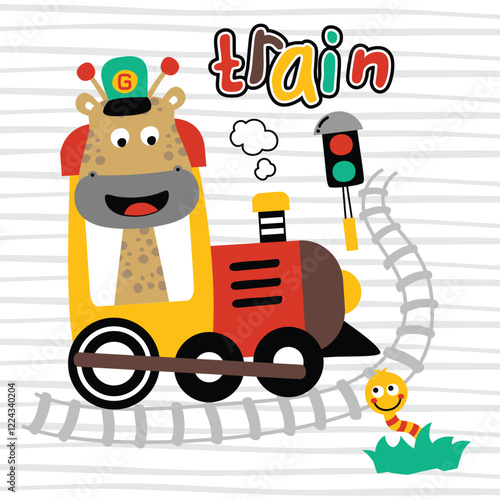 Cartoon giraffe driving train on tracks with traffic signal. Transportation concept
