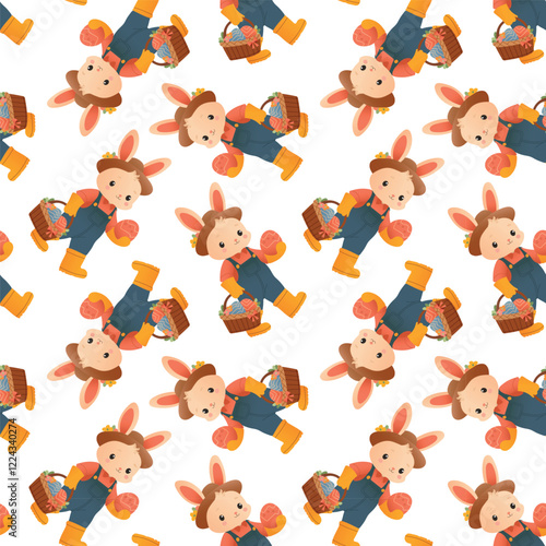 ester pattern, bunnies, bow, flowers, eggs, vector