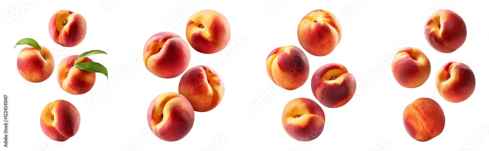 Floating Fresh Peaches with Leaves, PNG set Floating Fresh Peaches with Leaves, PNG set
