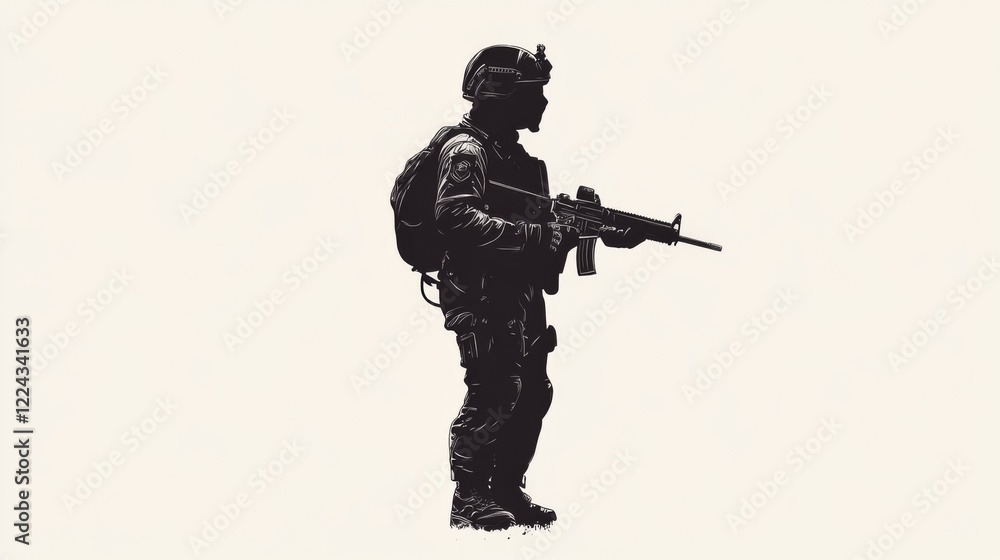 Silhouette of a soldier with rifle and backpack. Silhouette of a soldier with rifle and backpack.