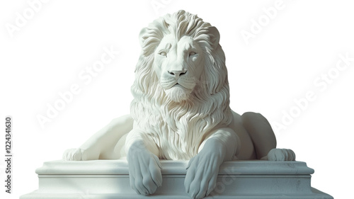 Majestic white lion statue resting gracefully on a pedestal in a minimalist setting
