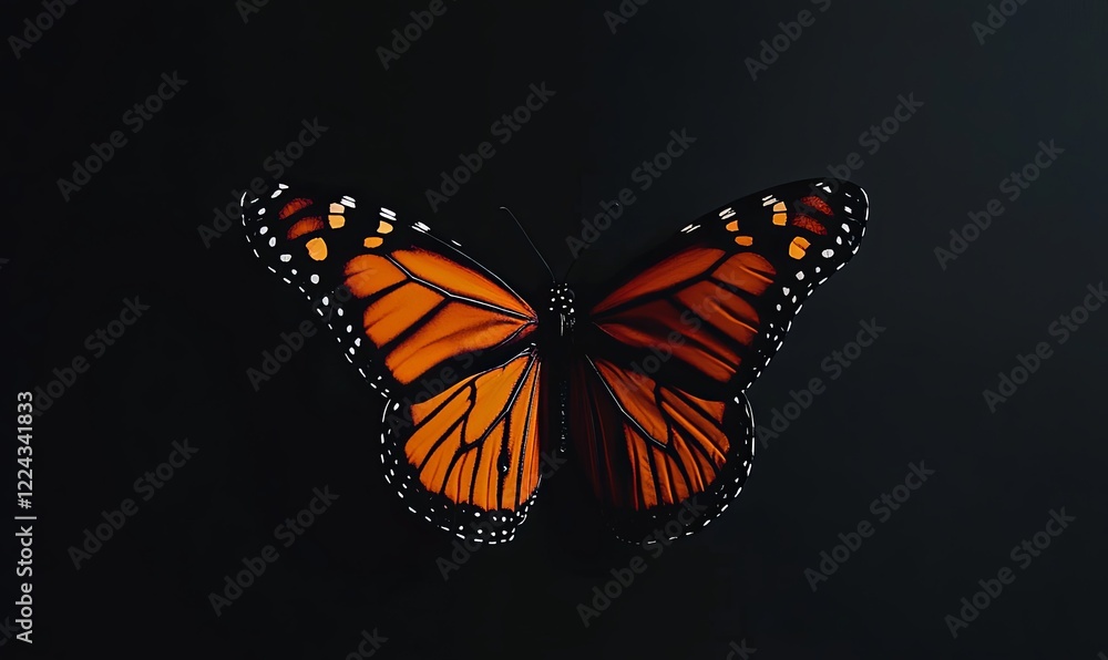 Monarch butterfly with open wings on dark background, ideal for nature projects Monarch butterfly with open wings on dark background, ideal for nature projects