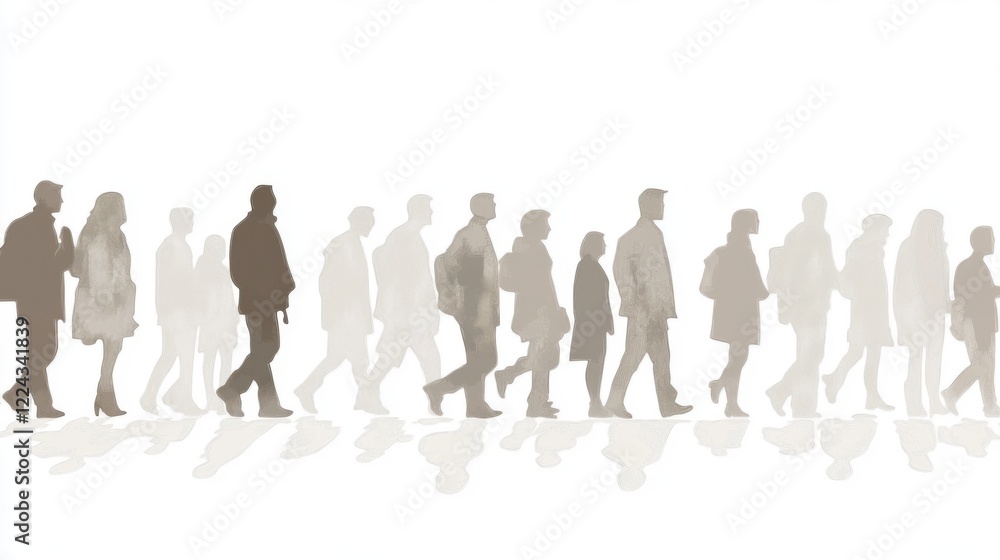 Silhouetted figures walking in a line, reflecting on a white surface. Silhouetted figures walking in a line, reflecting on a white surface.