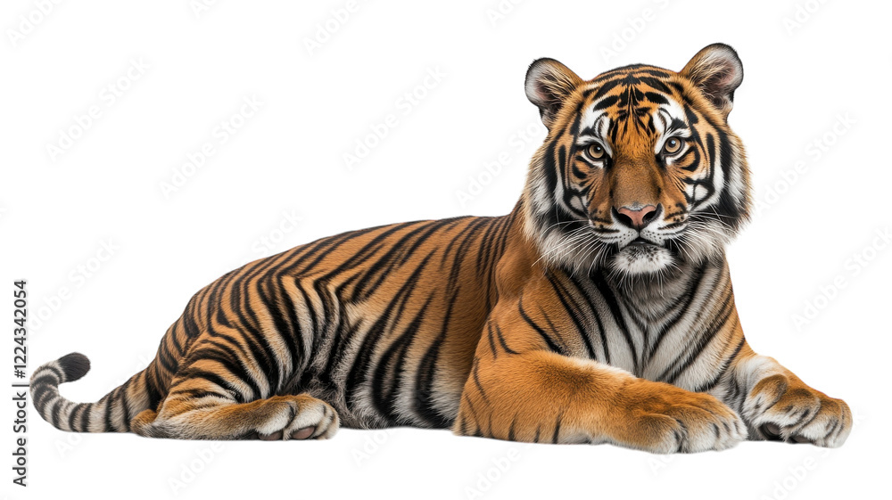 Obraz premium Majestic tiger resting gracefully, showcasing its vibrant coat and powerful presence in nature