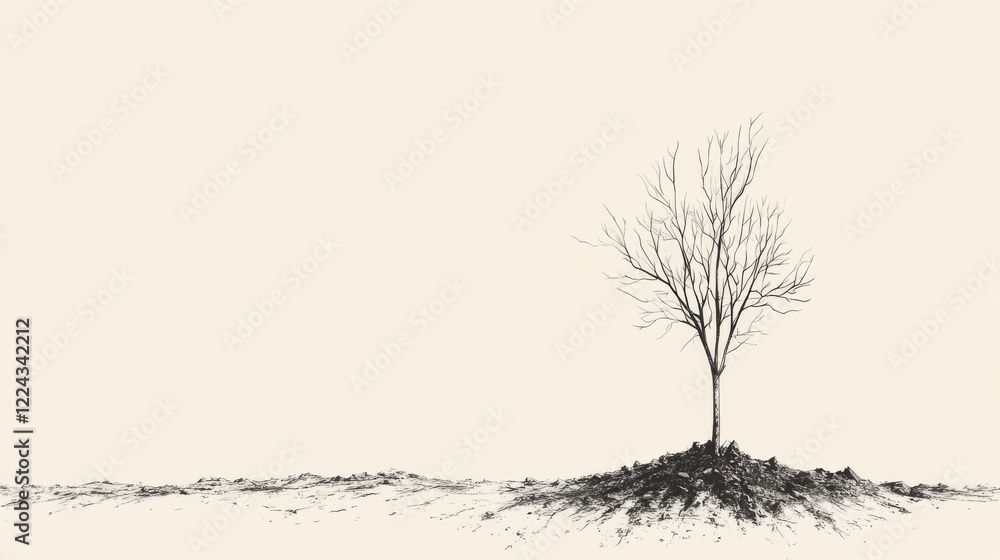 Obraz premium Single bare tree on pale background, minimalist sketch.