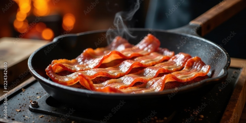 Fototapeta premium Crispy Streaky Bacon Sizzling in a Rustic Cast Iron Pan with a Warm, Cozy Background