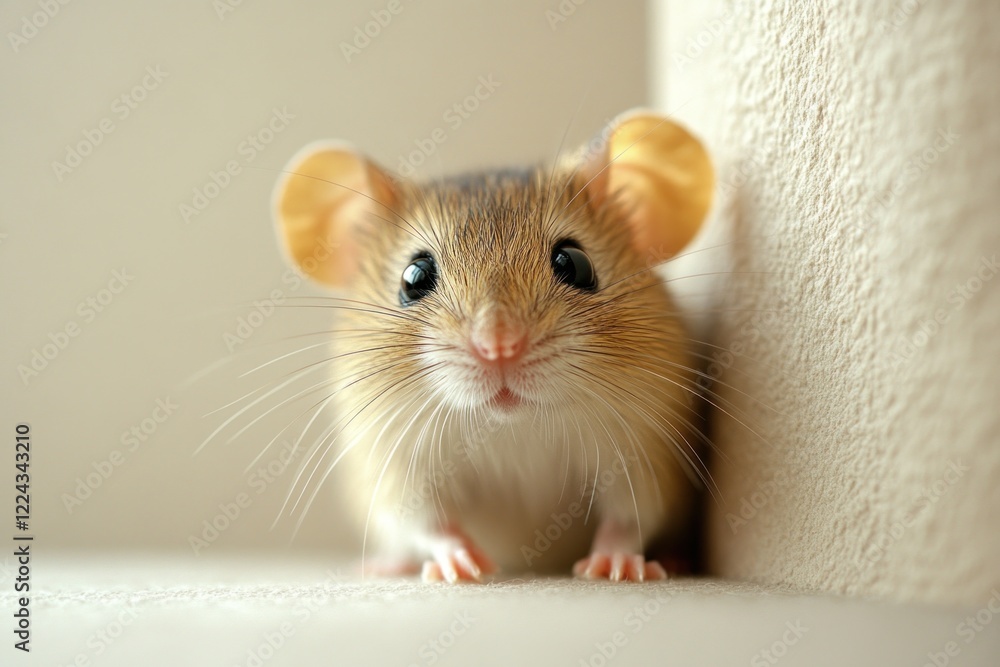 A hyper realistic mouse with large ears looks around, displaying curiosity in a soft, well-lit indoor setting. Its tiny paws rest on a light surface as it observes its surroundings A hyper realistic mouse with large ears looks around, displaying curiosity in a soft, well-lit indoor setting. Its tiny paws rest on a light surface as it observes its surroundings