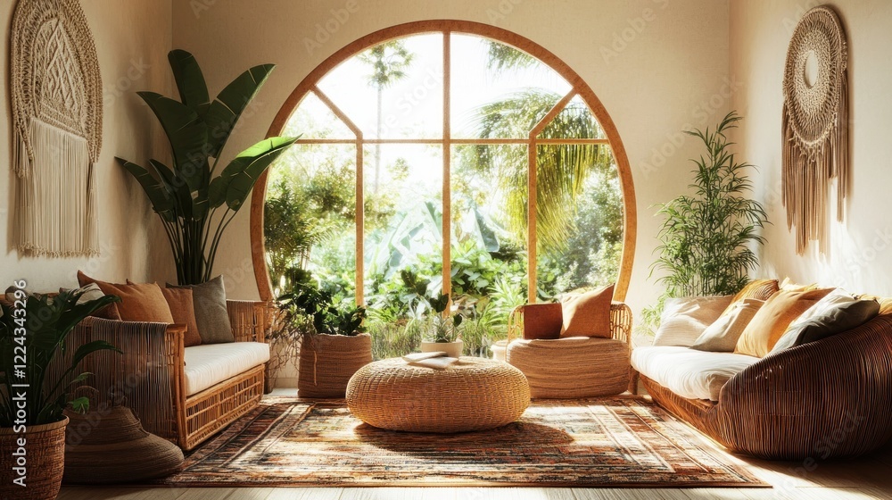 Fototapeta premium Bohemian inspired living room with rattan furniture and a large round window overlooking lush greenery