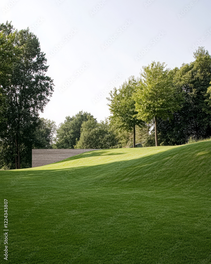 Lush green landscape with gentle hills and modern architecture during daylight Lush green landscape with gentle hills and modern architecture during daylight