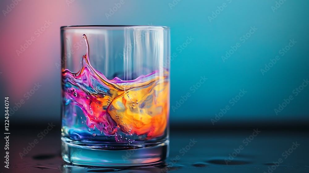 A glass of water with colorful liquid patterns inside high quality A glass of water with colorful liquid patterns inside high quality