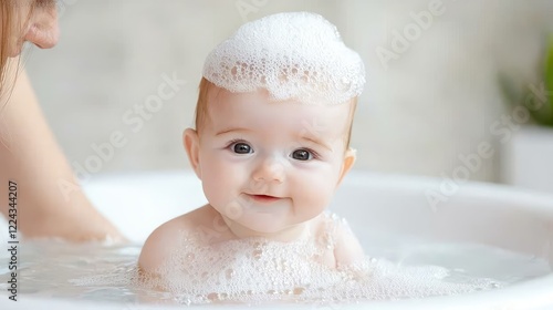 Happy baby in bath, mother nearby, foam bubbles, bathroom background, for baby product ads