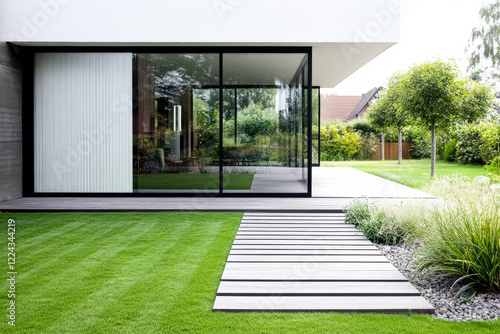 Wallpaper Mural Modern house design with large glass windows and landscaped garden in daytime Torontodigital.ca