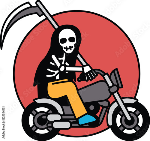 A skeleton is riding a motorcycle with a long handlebar