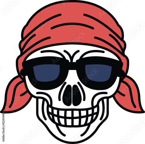 A skull with sunglasses and a red bandana on its head