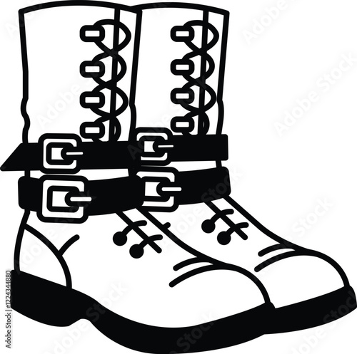 The image is of a pair of boots with straps and buckles
