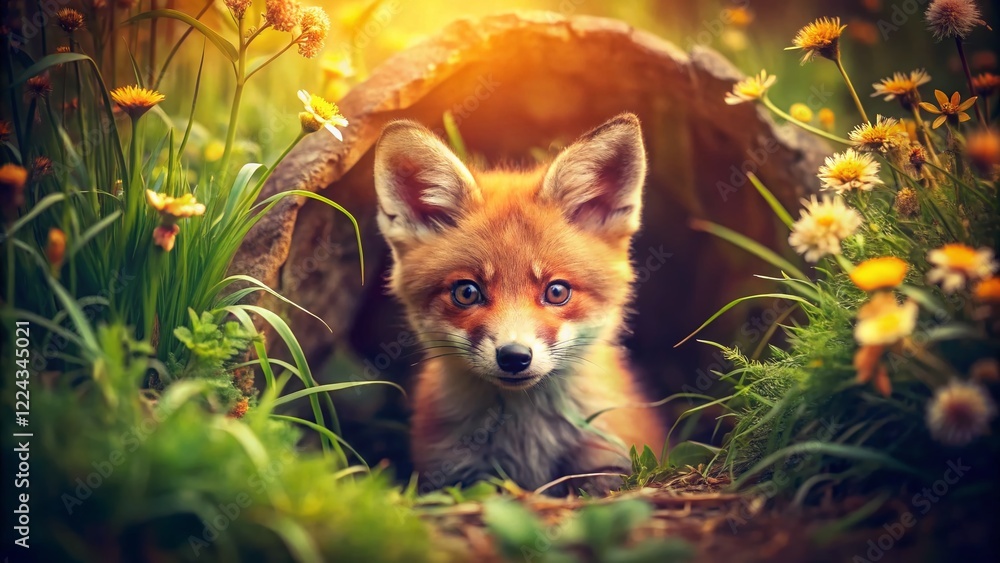 Fototapeta premium Adorable Red Fox Kit Near Burrow - Vintage Style Wildlife Photo