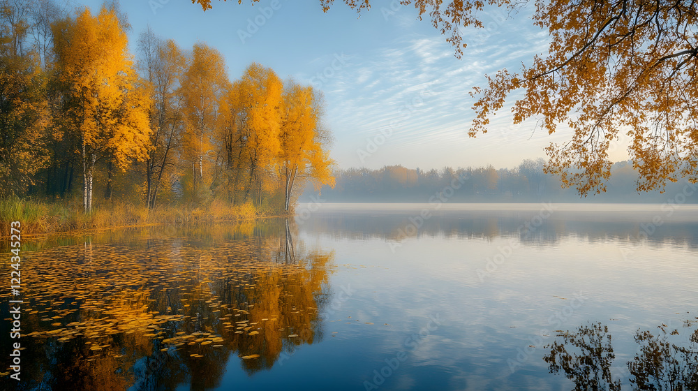 Obraz premium Serene Autumn Landscape with Golden Trees Reflecting in Calm Lake Tranquil Nature Scene at Sunrise : Generative AI