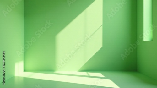 Serene Green Room Interior with Sunlight Illuminating Walls and Floor