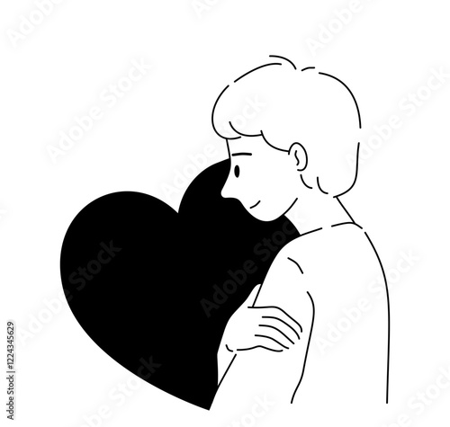 A boy doing gentle self ้hug for well-being and foster self-compassion in mental health concept, black outline cartoon.