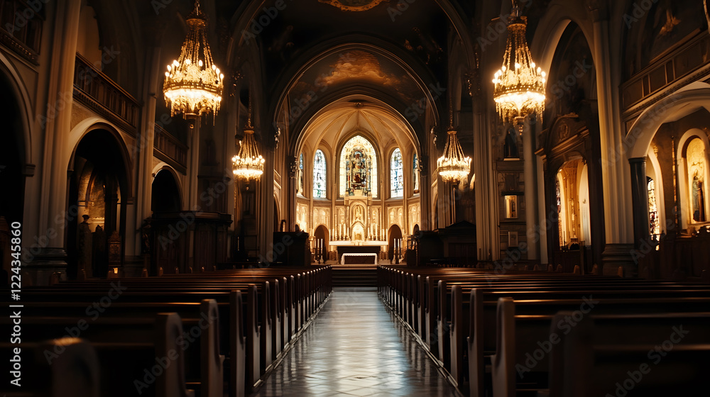 Fototapeta premium Majestic Interior of Historic Cathedral Illuminated by Grand Chandeliers During Evening Service : Generative AI