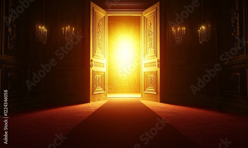 Open door with bright light in dark elegant room, red carpet leading to entrance, ideal for hope or opportunity concepts
