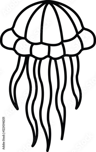 A jellyfish with long tentacles is drawn in black