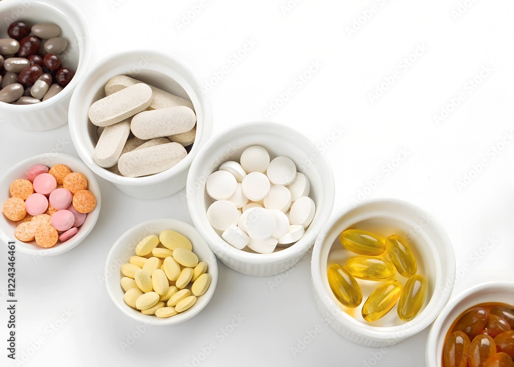depicts various pills, spheres, and soft gels arranged in small white bowls on the left side against a pure white background. depicts various pills, spheres, and soft gels arranged in small white bowls on the left side against a pure white background.