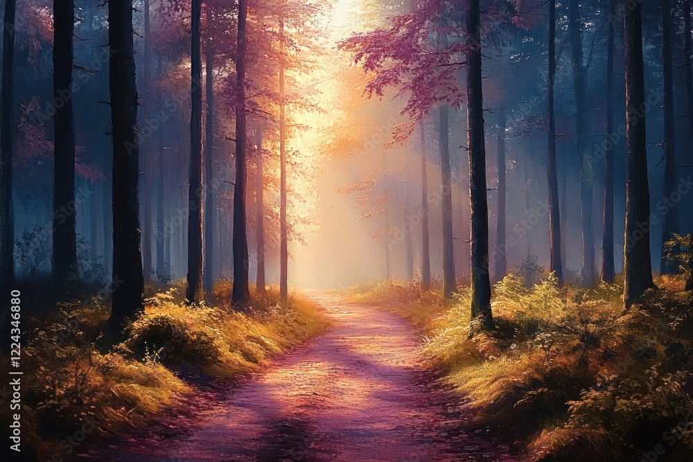 Obraz premium Forest Trail Hiking Path in Autumn Light with Colorful Foliage and Soft Sunlight through Trees