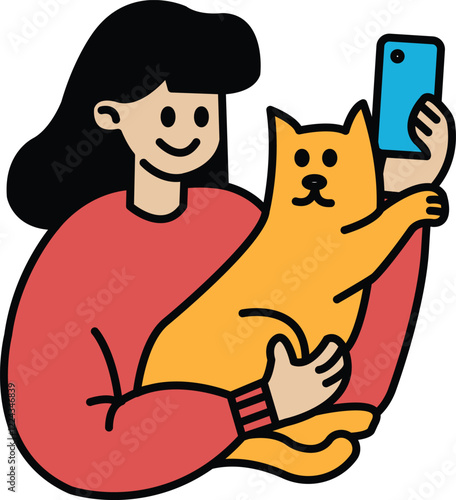 A woman is holding a cat and taking a picture of it with her phone