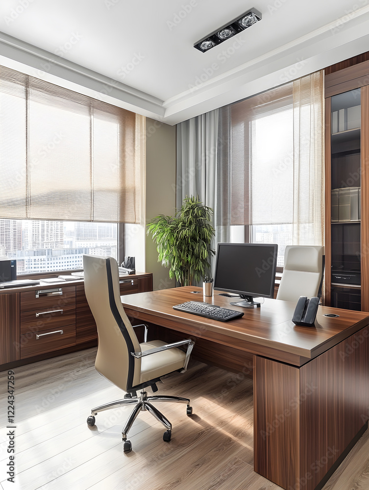 Sleek Modern Office with Wooden Desk and Plush Chair in Sunlit Environment : Generative AI Sleek Modern Office with Wooden Desk and Plush Chair in Sunlit Environment : Generative AI