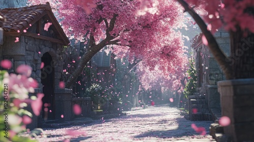 Romantic alley lined with cherry blossom trees in full bloom, petals falling gently. photo