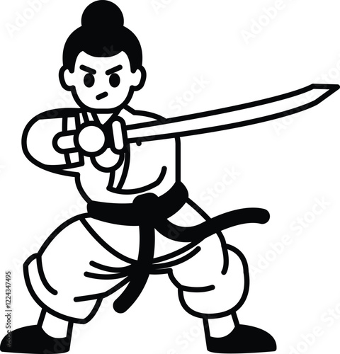 A black and white drawing of a man in a karate uniform holding a sword