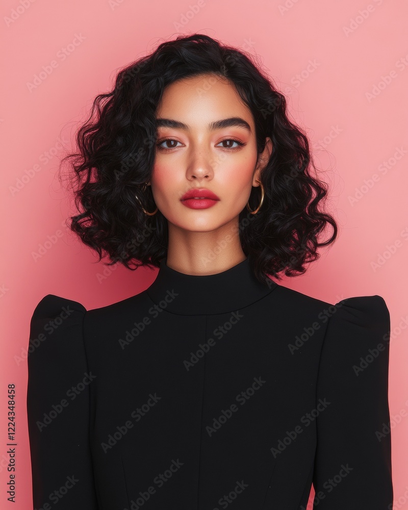 Contemporary Glamour South Asian Beauty with Cascading Curls and Gold Accents in Pastel Pink Setting - Fashion Editorial and Cultural Marketing Inspiration Contemporary Glamour South Asian Beauty with Cascading Curls and Gold Accents in Pastel Pink Setting - Fashion Editorial and Cultural Marketing Inspiration