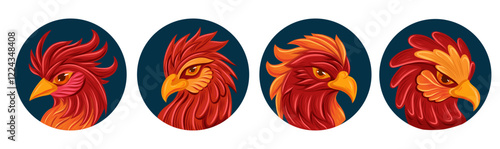 Vector set of phoenix portrait clip art. Collection of mythological birds in round icons. Roosters and parrots in circles for stickers