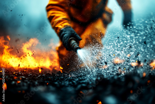 Fireman extinguishing flames urban landscape action shot dramatic environment low angle heroism in crisis photo