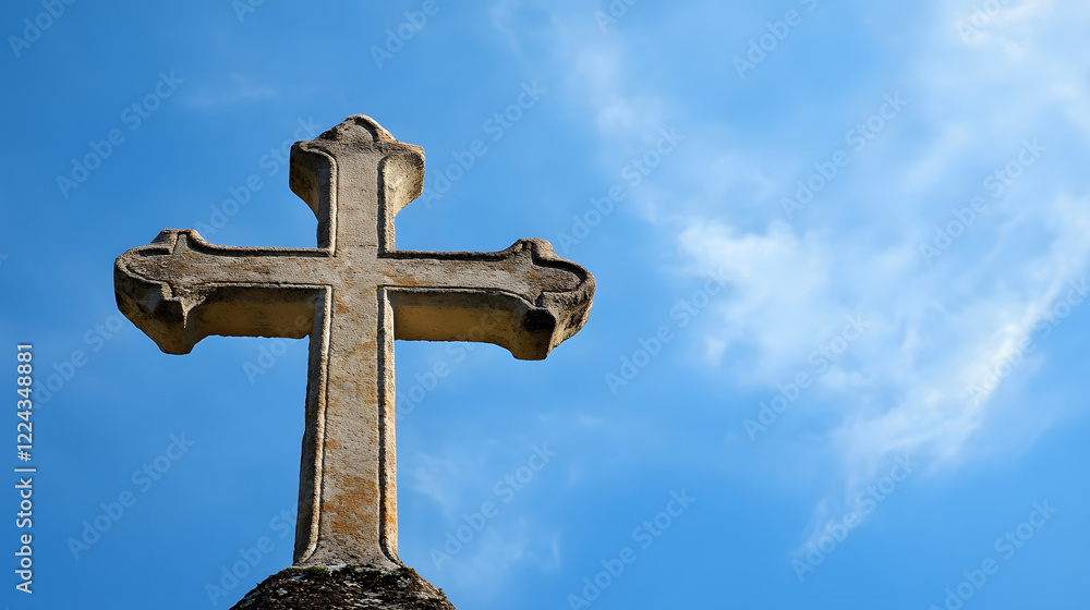Stone cross against a blue sky symbolizing faith strength and spirituality in a serene natural setting : Generative AI Stone cross against a blue sky symbolizing faith strength and spirituality in a serene natural setting : Generative AI